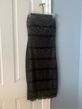 bebe Black Strapless Lace Midi Dress